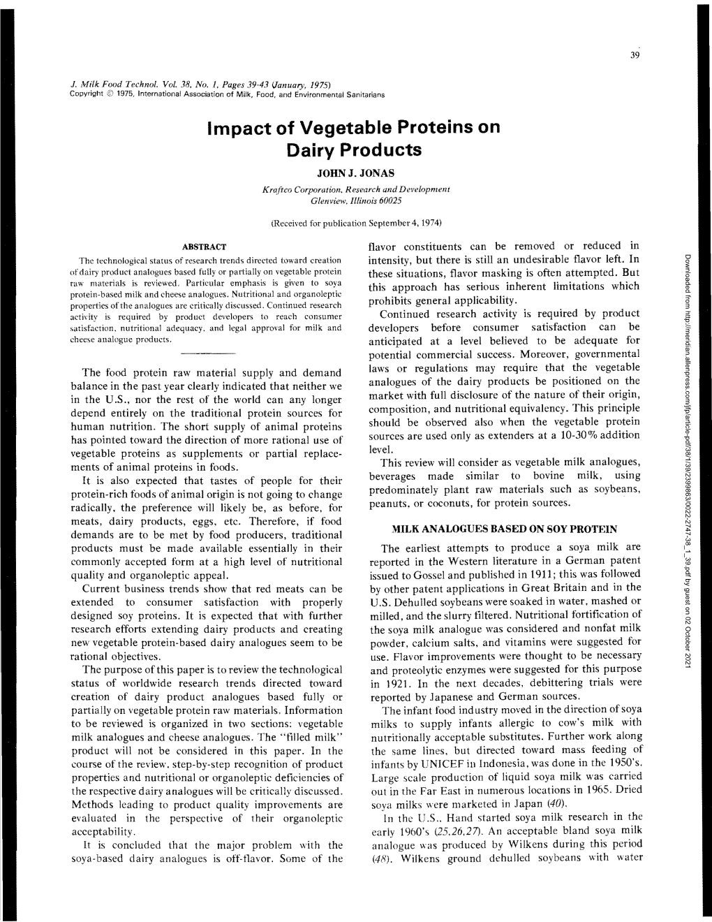 Impact of Vegetable Proteins on Dairy Products JOHN J