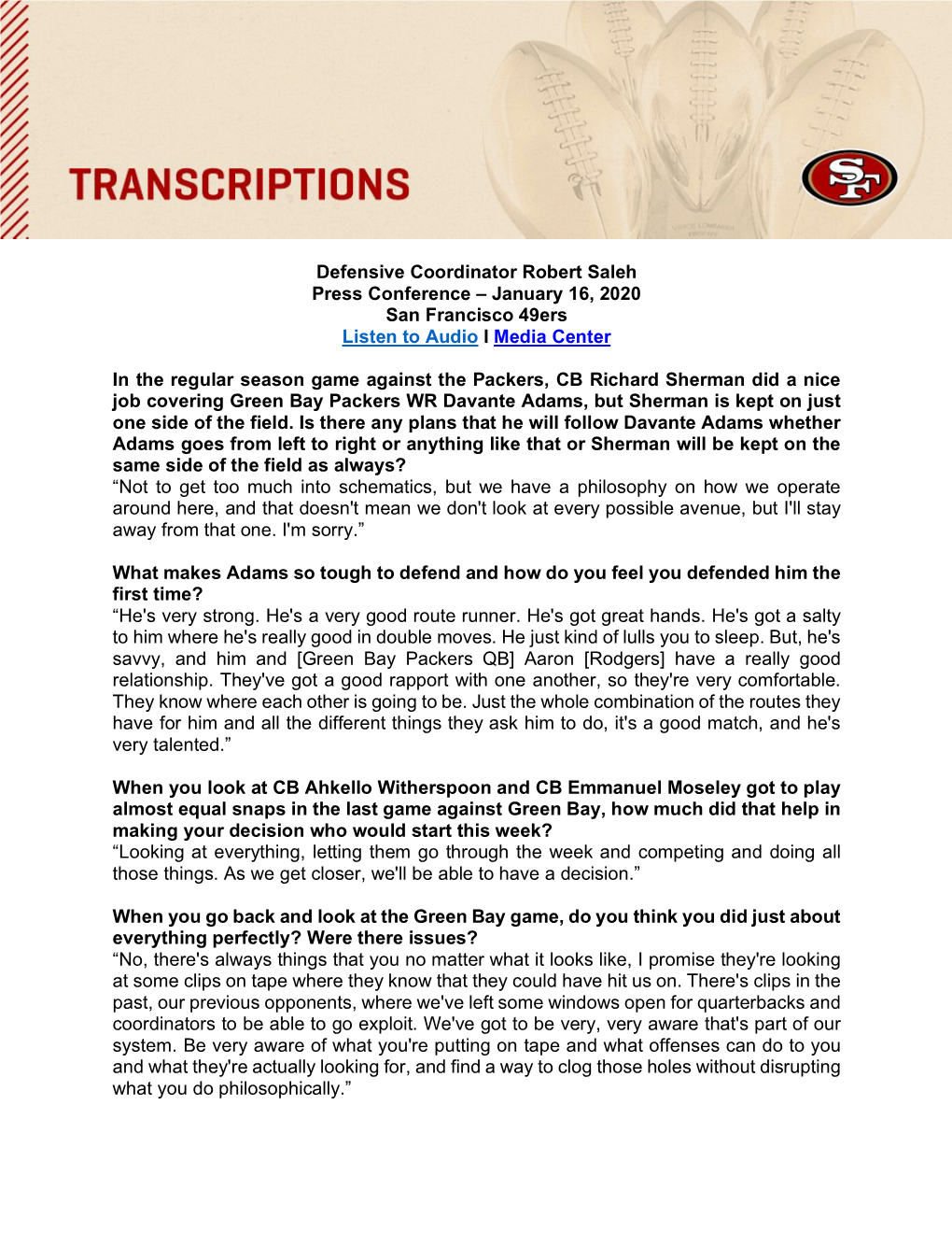 Defensive Coordinator Robert Saleh Press Conference – January 16, 2020 San Francisco 49Ers Listen to Audio I Media Center