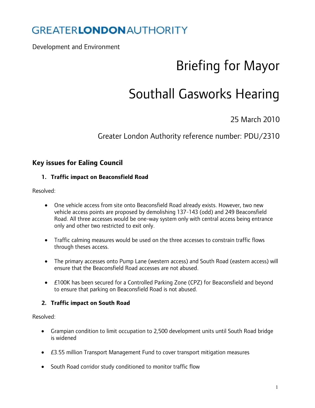 Briefing for Mayor Southall Gasworks Hearing