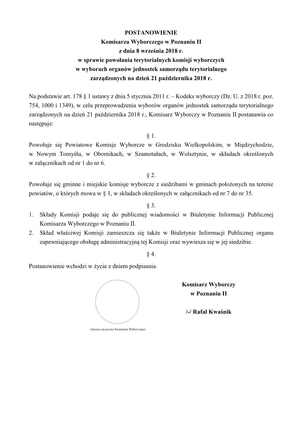 POSTANOWIENIE Komisarza Wyborczego W Poznaniu II Z Dnia 8 Września 2018 R