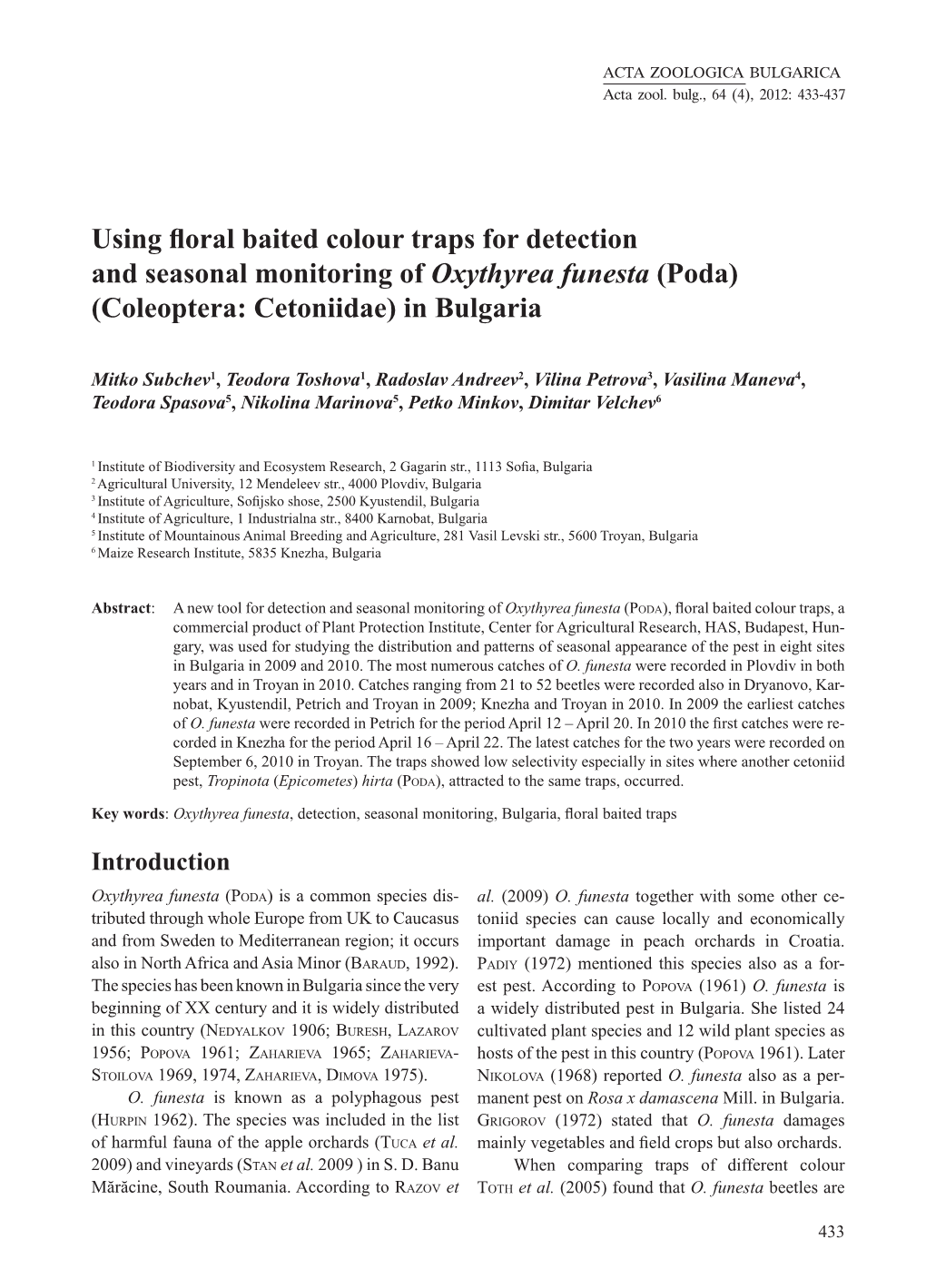 Using Floral Baited Colour Traps for Detection and Seasonal Monitoring of Oxythyrea Funesta (Poda) (Coleoptera: Cetoniidae) in Bulgaria