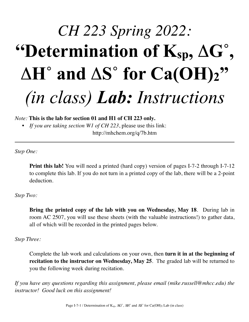 Determination of Ksp, AG˚, AH˚ and AS˚ for Ca(OH)2