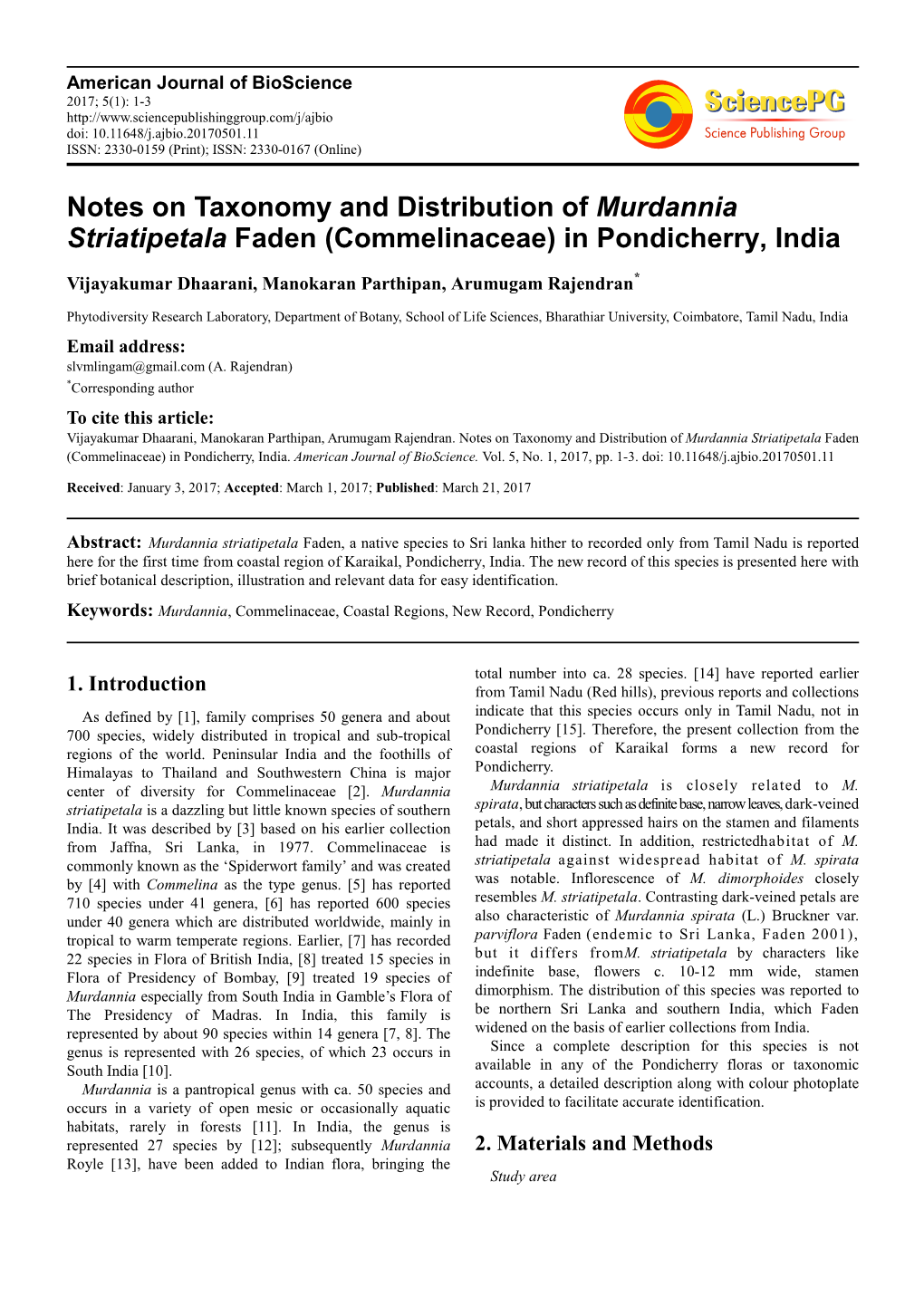 Notes on Taxonomy and Distribution of Murdannia Striatipetala Faden (Commelinaceae) in Pondicherry, India