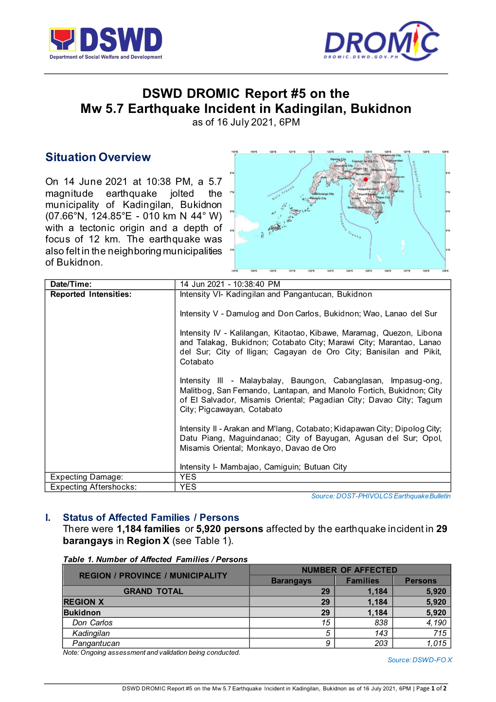 DSWD DROMIC Report #5 on the Mw 5.7 Earthquake Incident in Kadingilan, Bukidnon As of 16 July 2021, 6PM