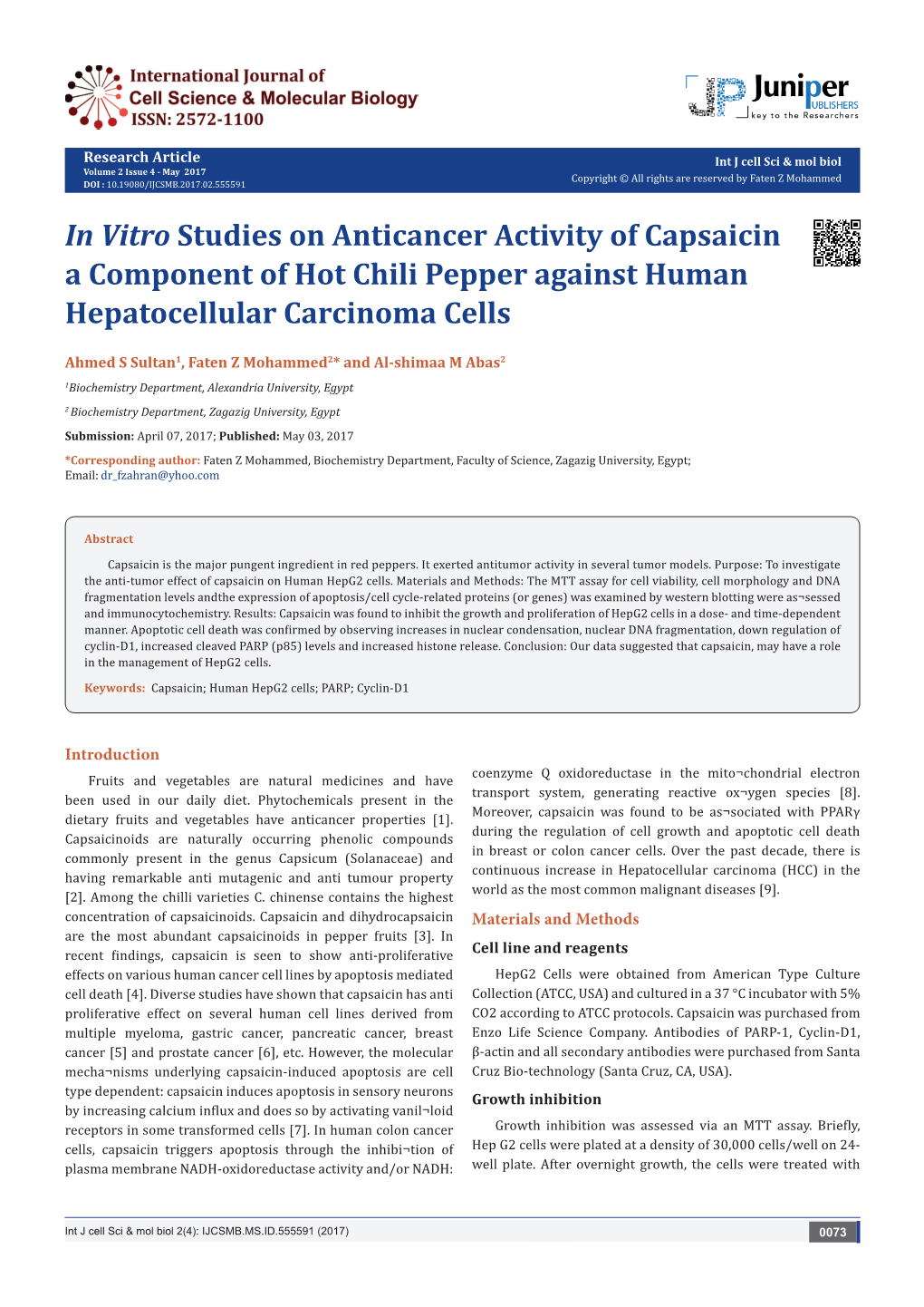 In Vitro Studies on Anticancer Activity of Capsaicin a Component of Hot Chili Pepper Against Human Hepatocellular Carcinoma Cells