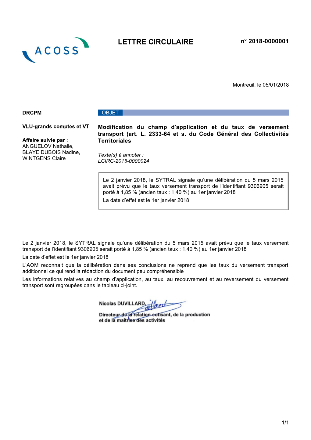 LETTRE CIRCULAIRE N° 2018-0000001