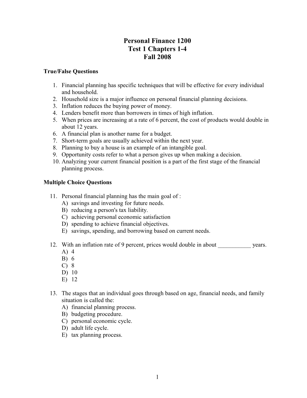 True/False Questions s1