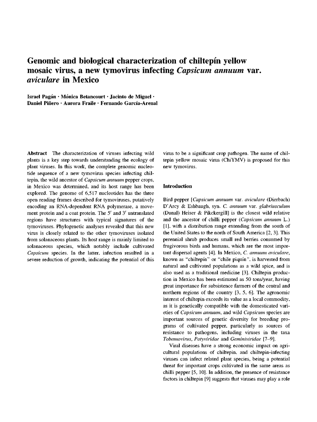 Genomic and Biological Characterization of Chiltepín Yellow Mosaic Virus, a New Tymovirus Infecting Capsicum Annuum Var