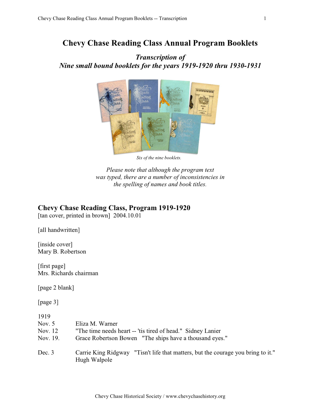 Chevy Chase Reading Class Annual Program Booklets -- Transcription 1