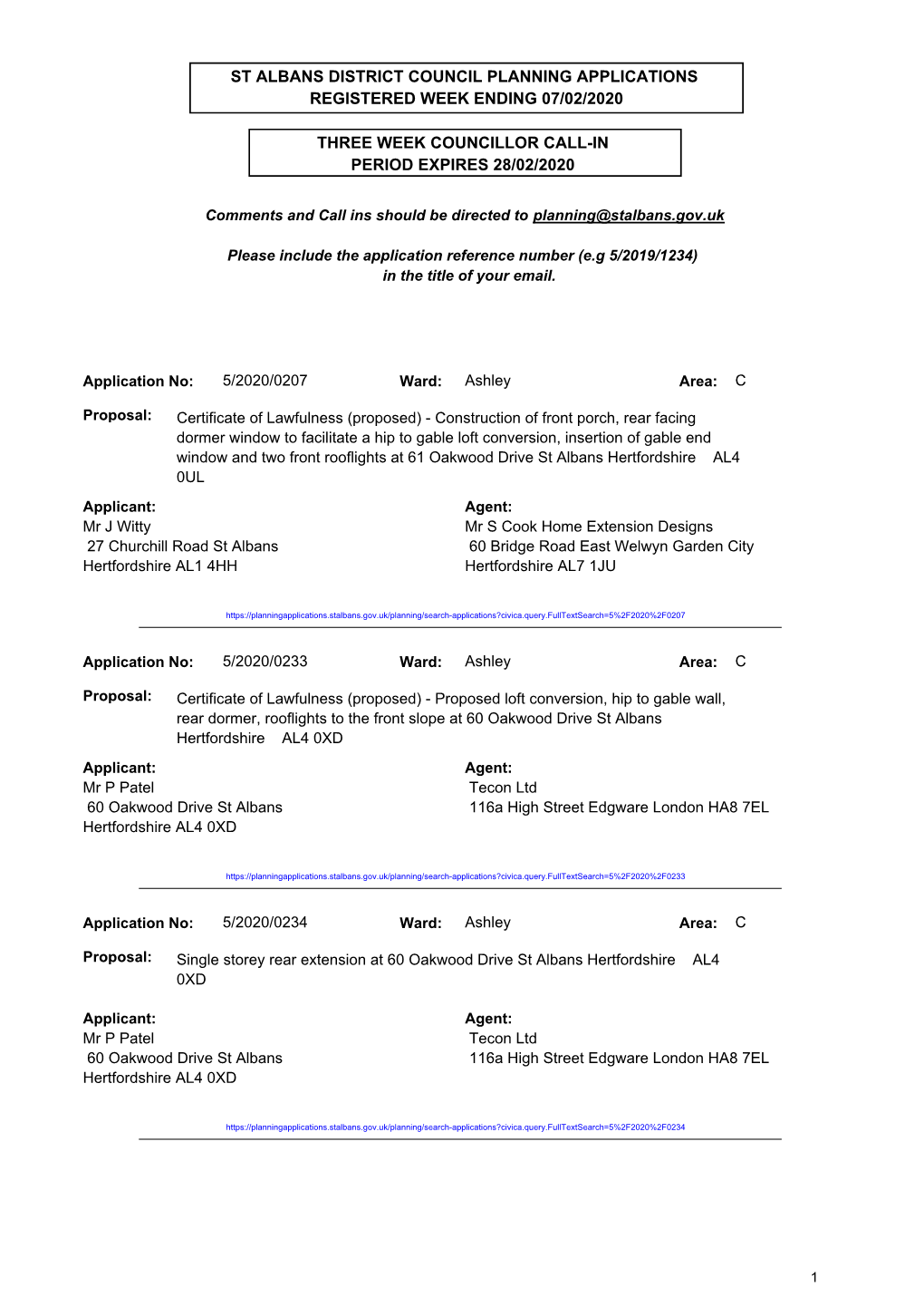 Comments and Call Ins Should Be Directed to Planning@Stalbans.Gov.Uk