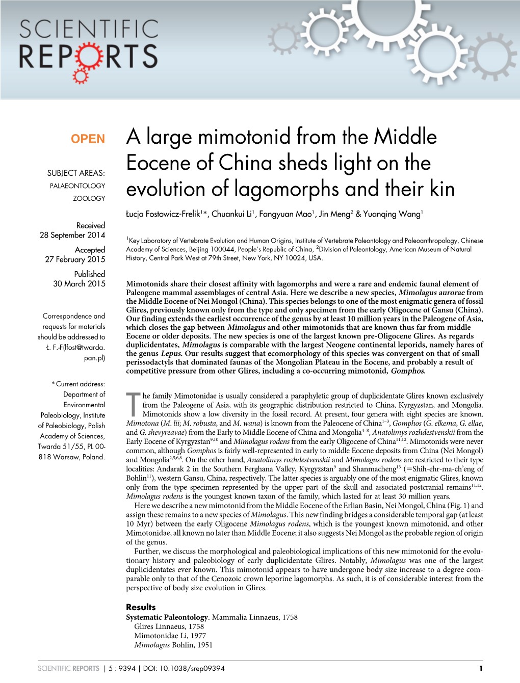 A Large Mimotonid from the Middle Eocene of China Sheds Light on The