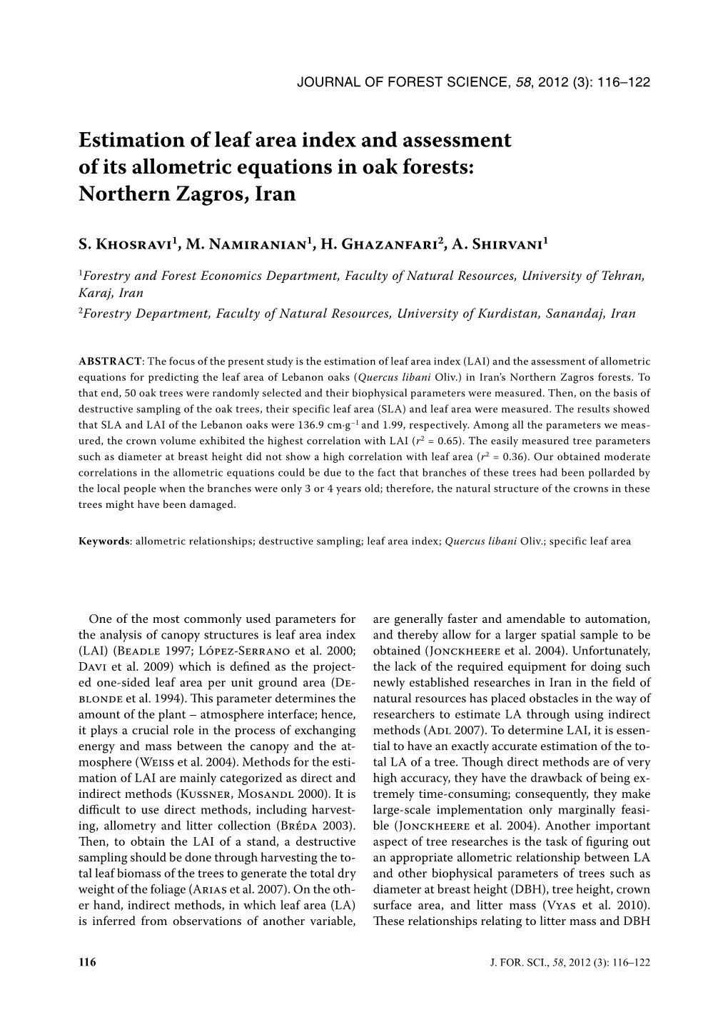 Estimation of Leaf Area Index and Assessment of Its Allometric Equations in Oak Forests: Northern Zagros, Iran