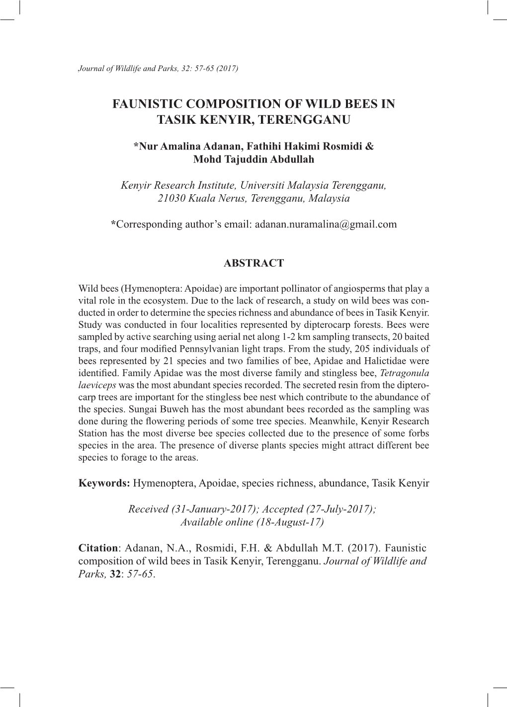 Faunistic Composition of Wild Bees in Tasik Kenyir, Terengganu