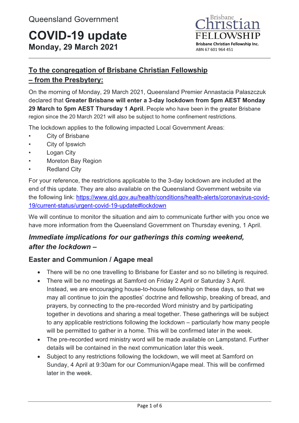 COVID-19 Update Brisbane Christian Fellowship Inc