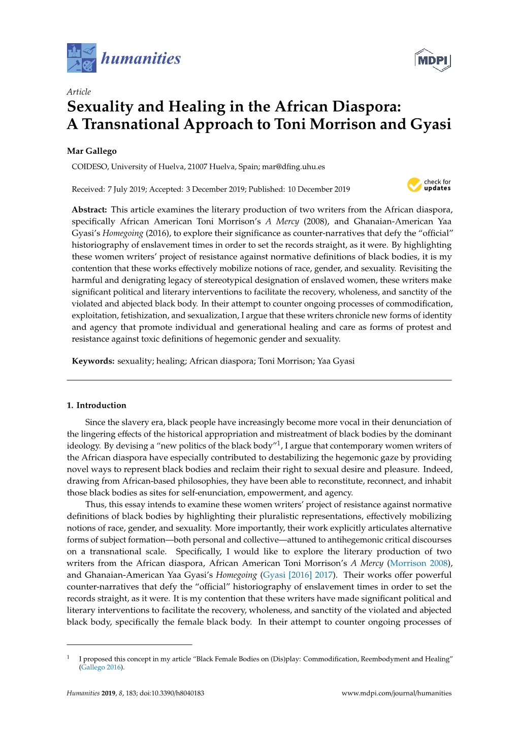 Sexuality and Healing in the African Diaspora: a Transnational Approach to Toni Morrison and Gyasi