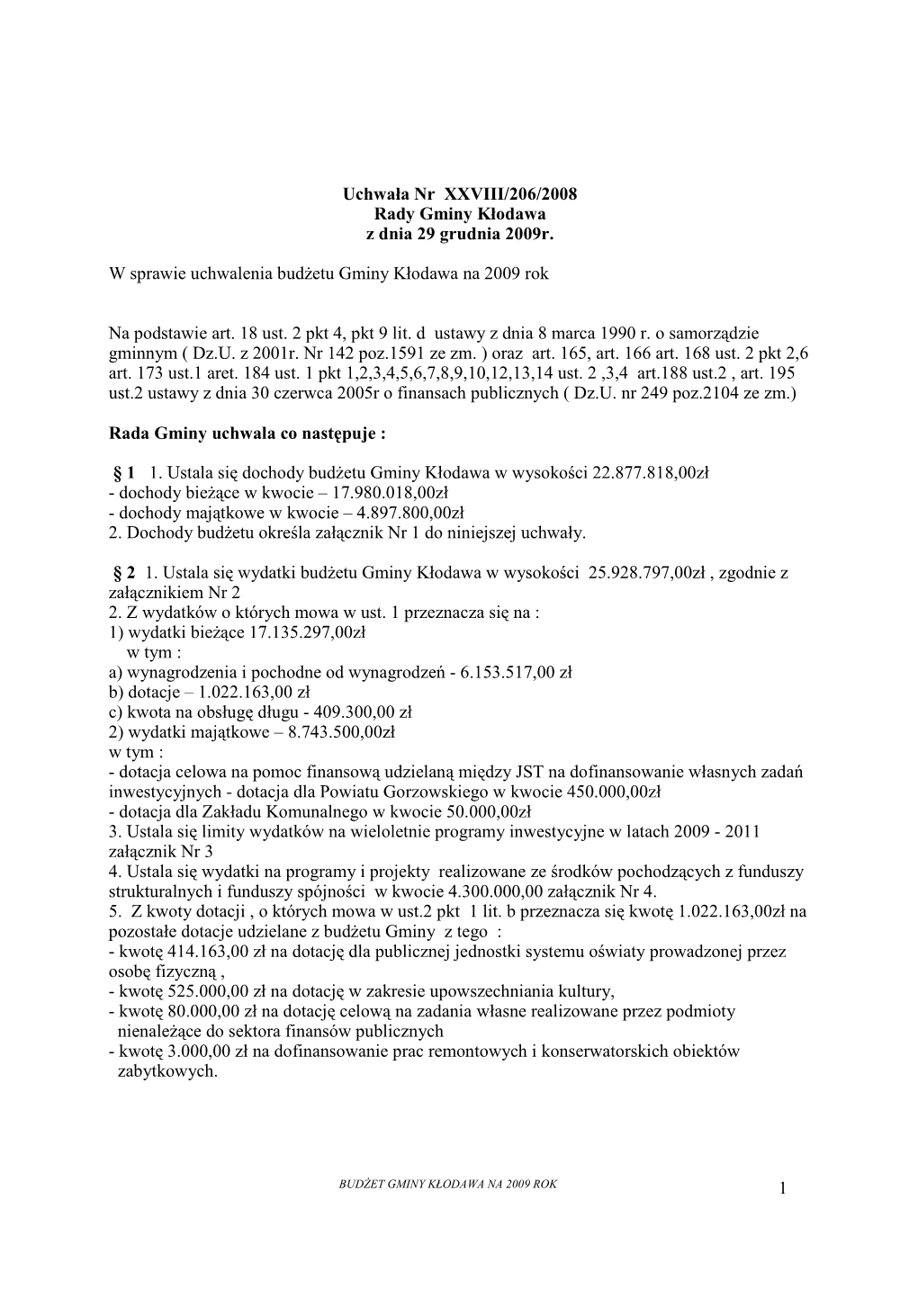 1 Uchwała Nr XXVIII/206/2008 Rady Gminy Kłodawa Z Dnia 29