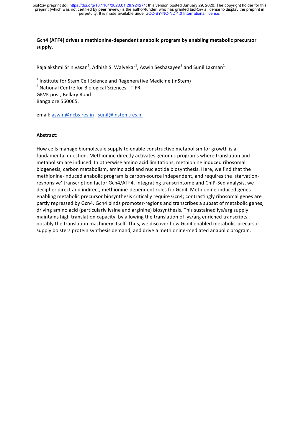 Gcn4 (ATF4) Drives a Methionine-­‐Dependent Anabolic Program by Enabling Metabolic Precursor Supply