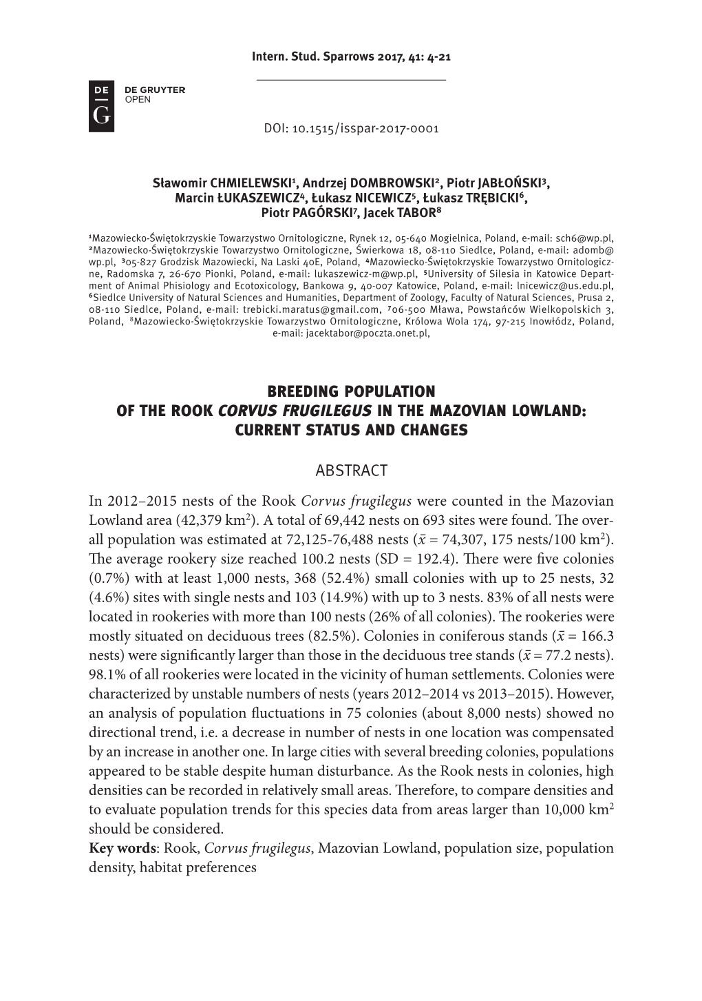 Breeding Population of the Rook Corvus Frugilegus in the Mazovian Lowland: Current Status and Changes