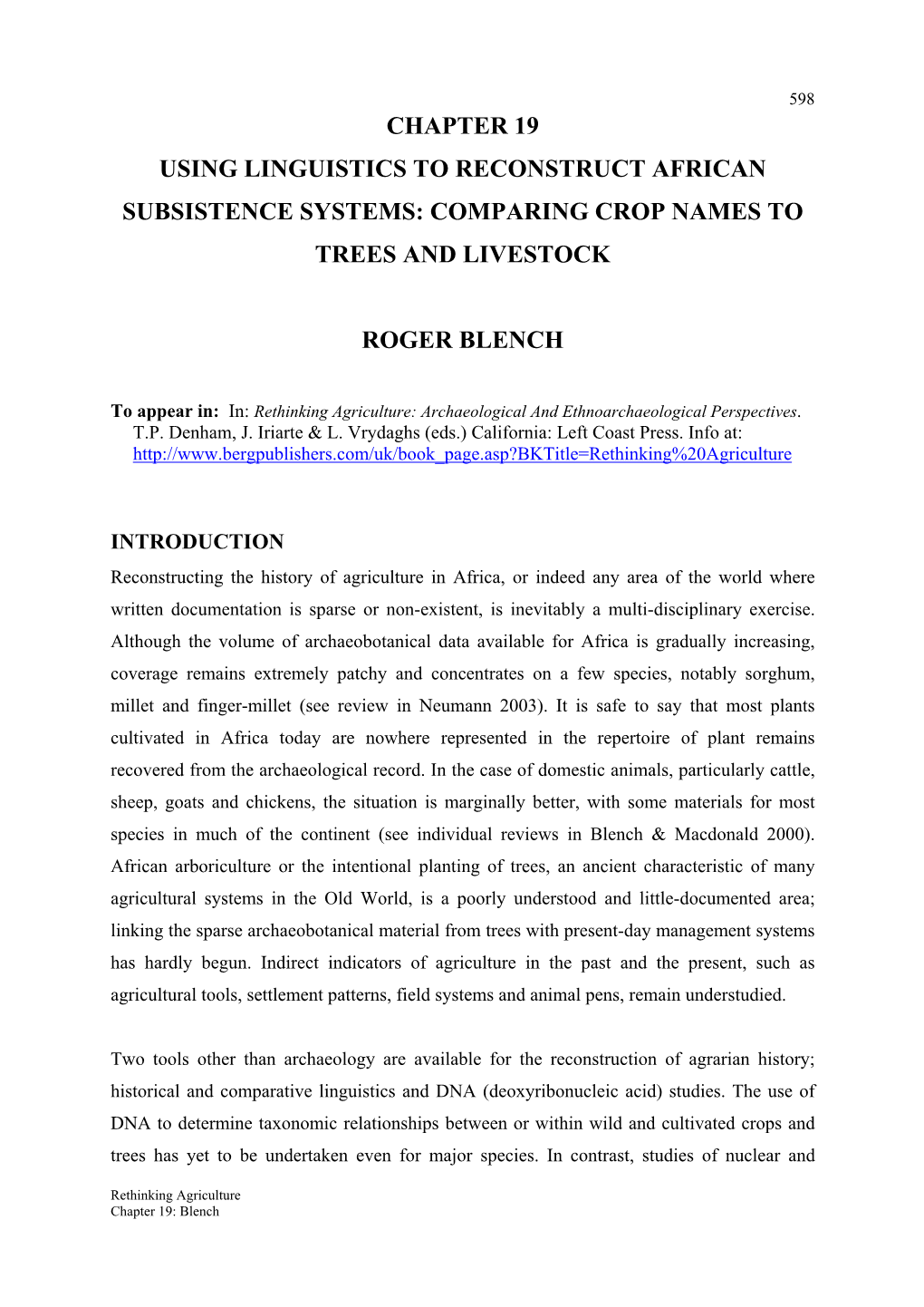 Using Linguistics to Reconstruct African Subsistence Systems: Comparing Crop Names to Trees and Livestock