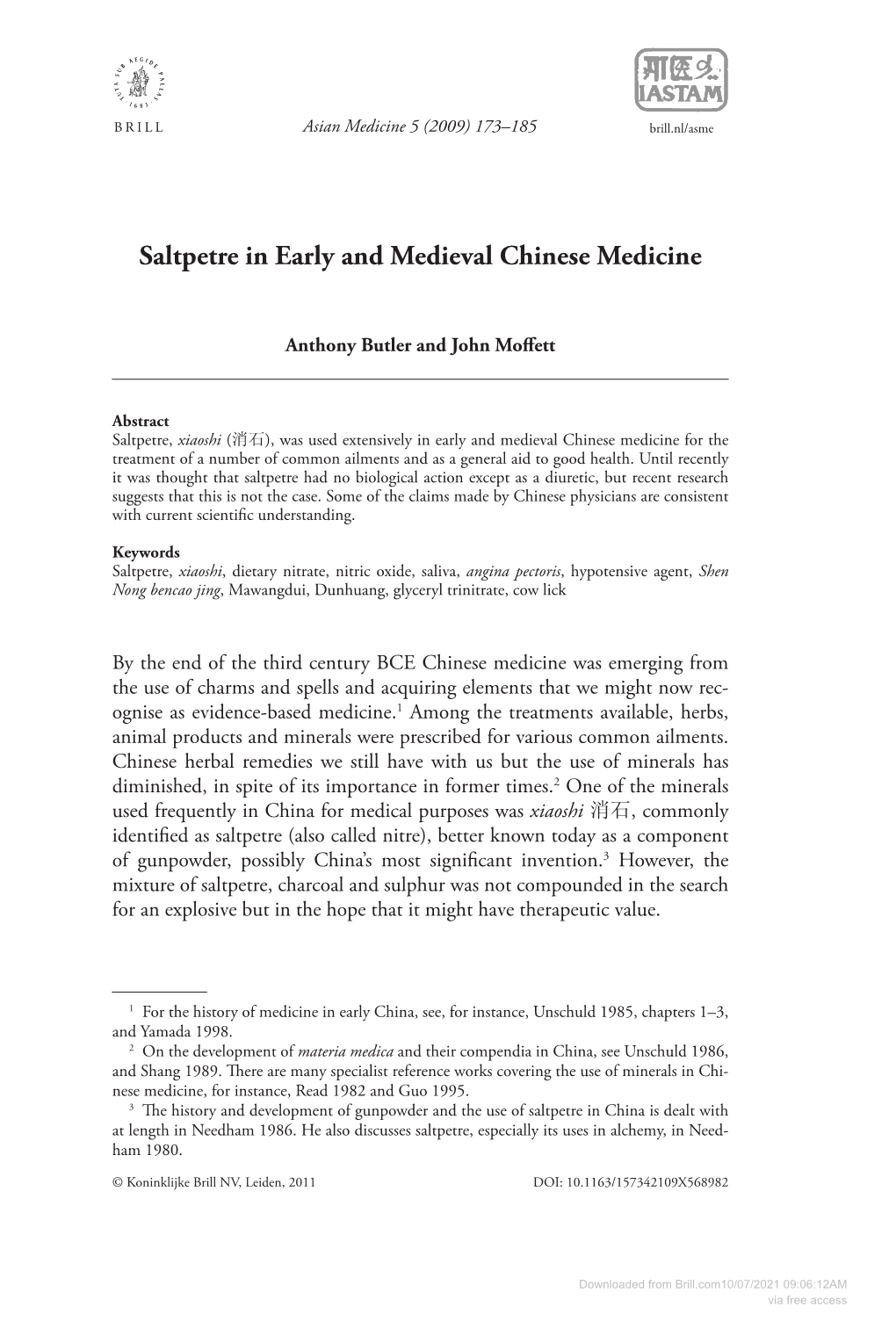 Saltpetre in Early and Medieval Chinese Medicine