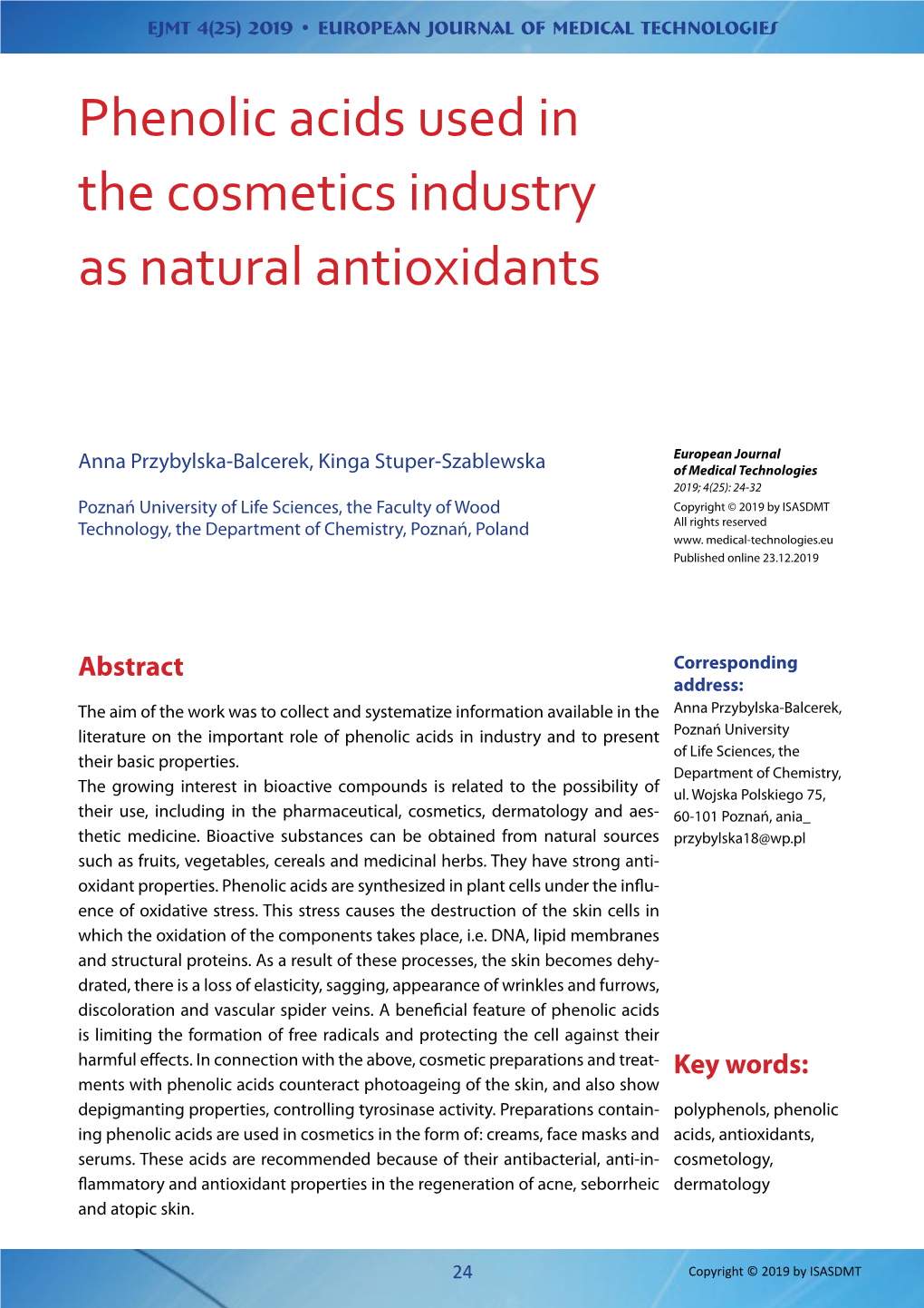 Phenolic Acids Used in the Cosmetics Industry As Natural Antioxidants