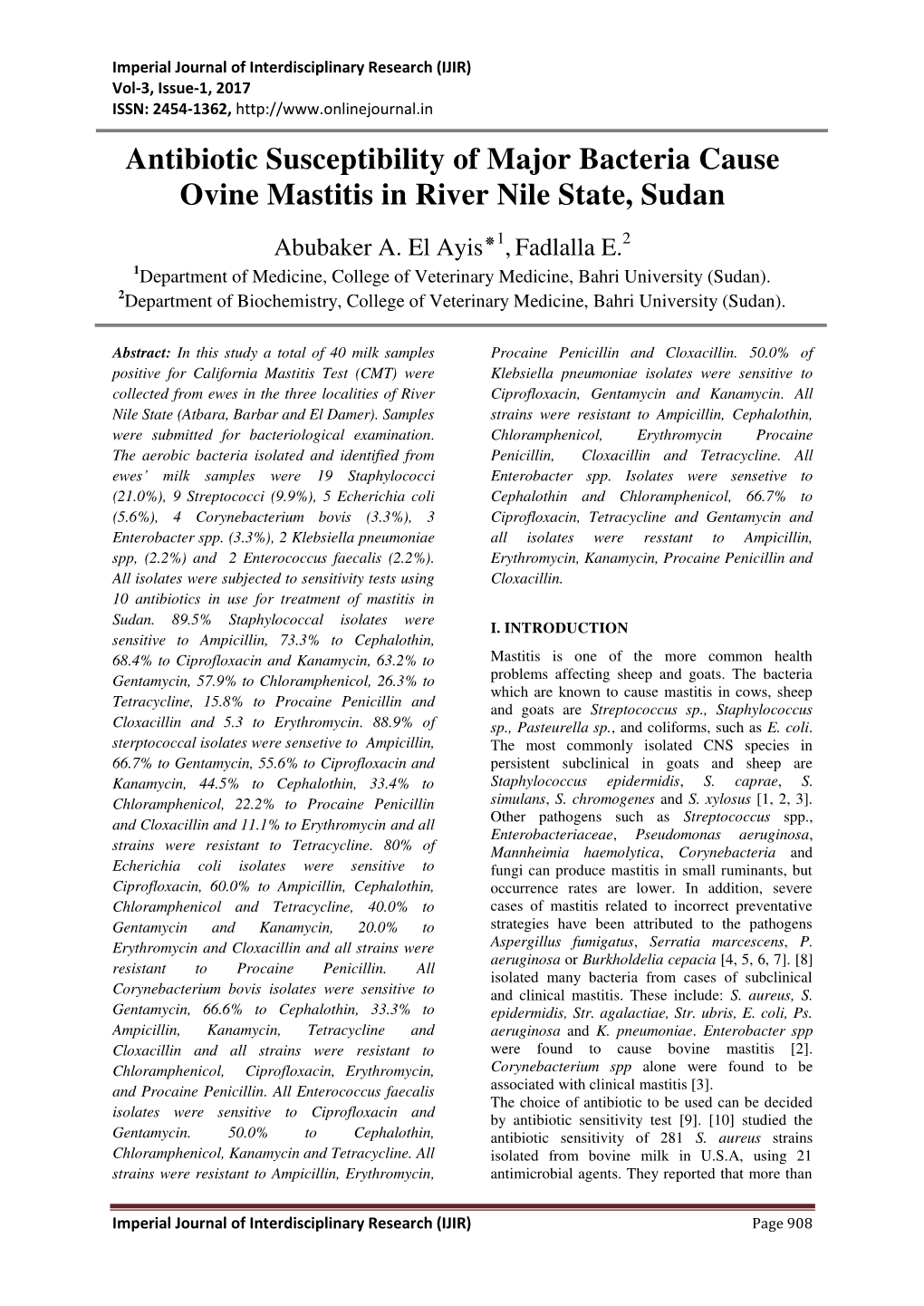 Antibiotic Susceptibility of Major Bacteria Cause Ovine Mastitis in River Nile State, Sudan