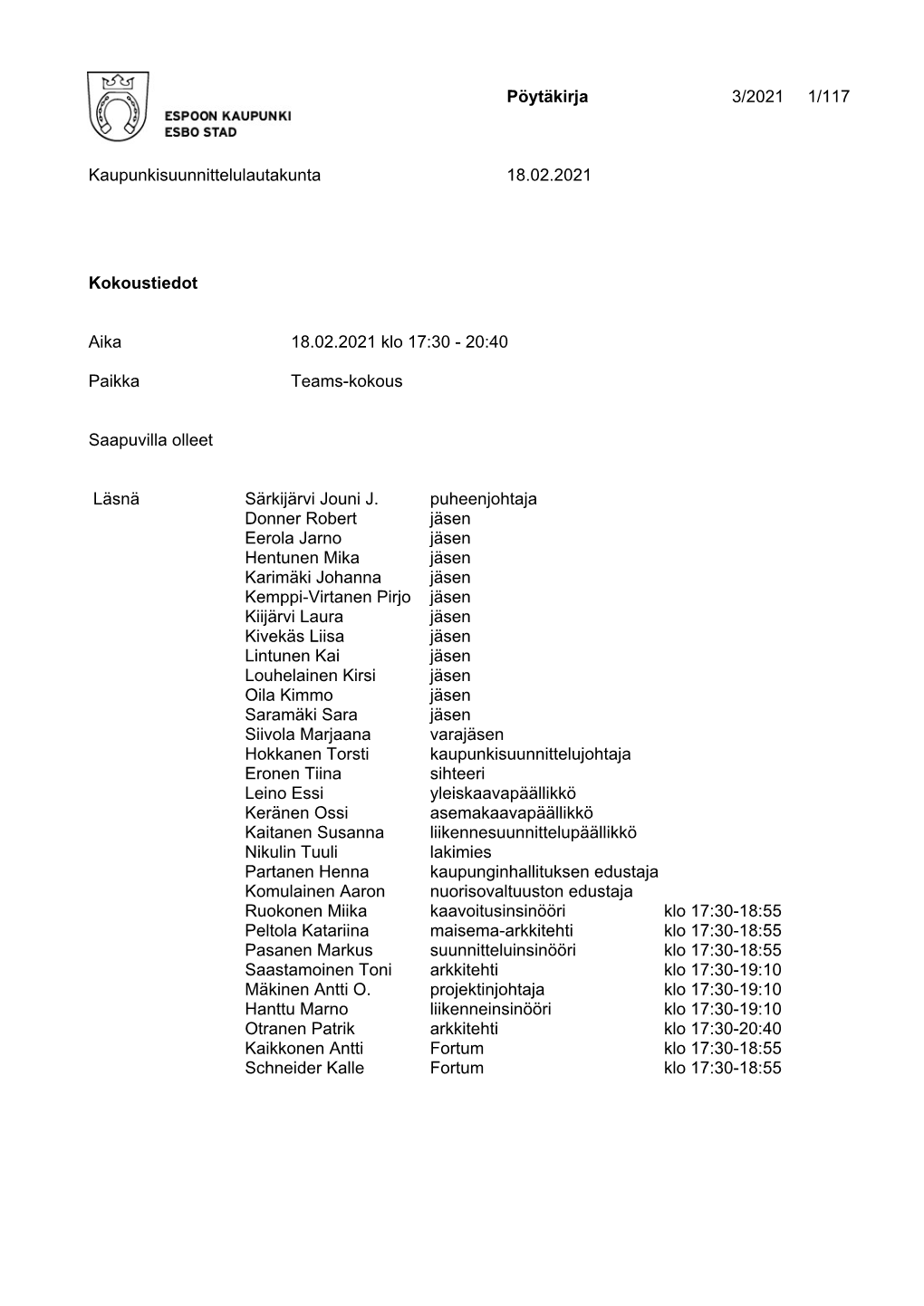 Pöytäkirja 3/2021 1/117 Kaupunkisuunnittelulautakunta