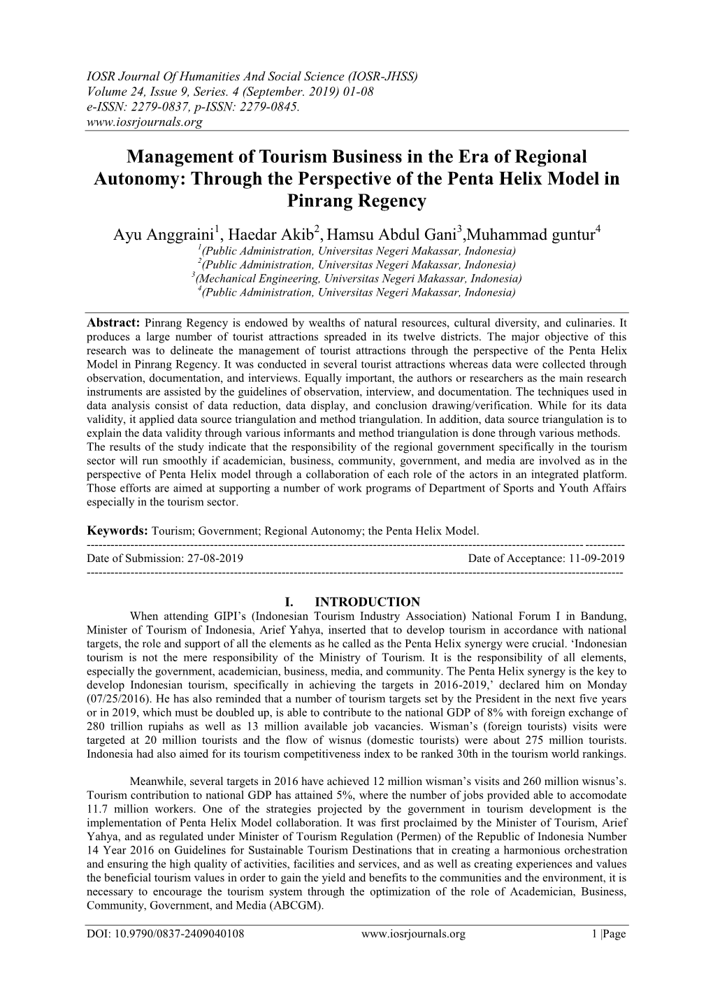 Management of Tourism Business in the Era of Regional Autonomy: Through the Perspective of the Penta Helix Model in Pinrang Regency