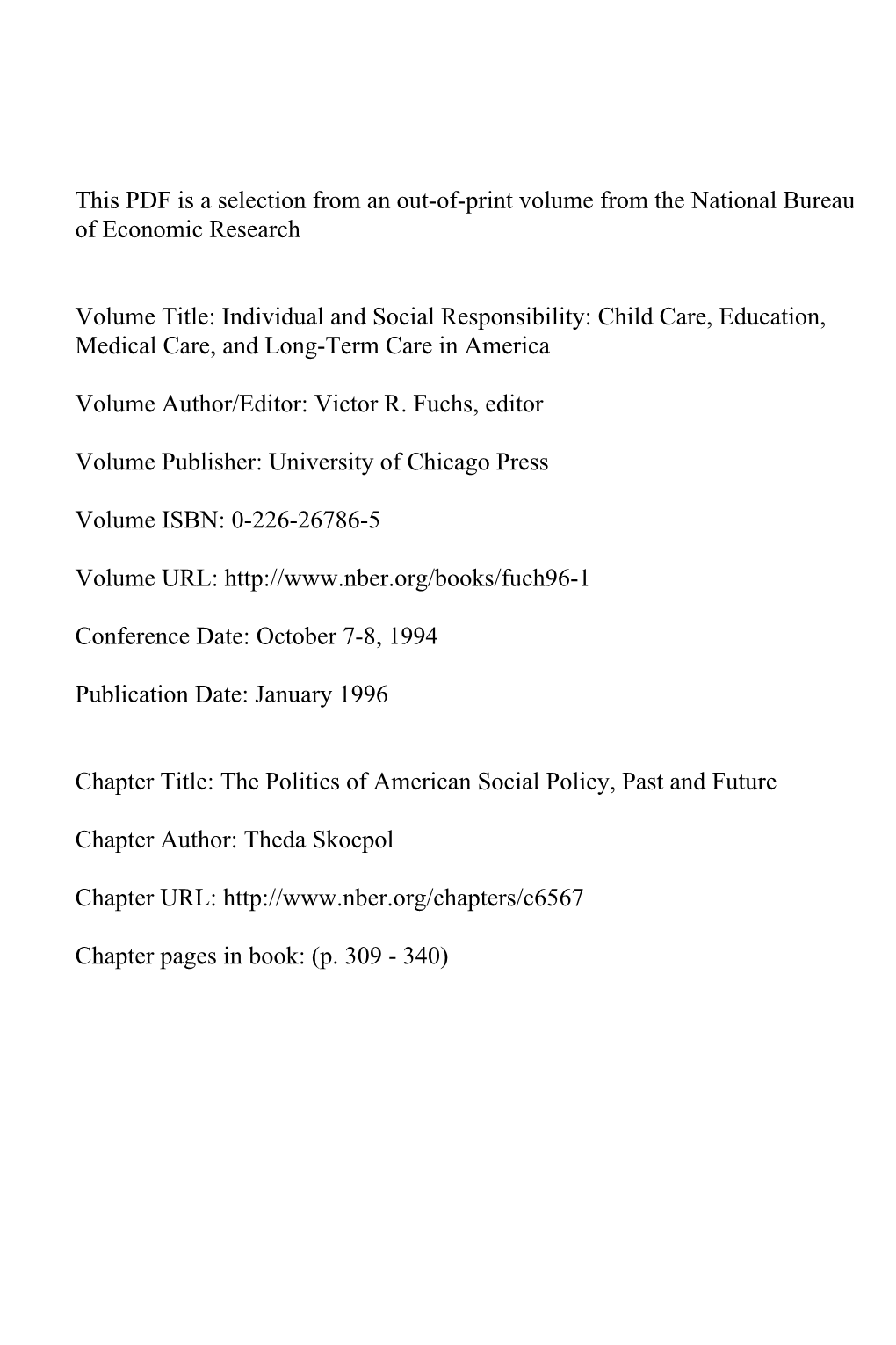 The Politics of American Social Policy, Past and Future