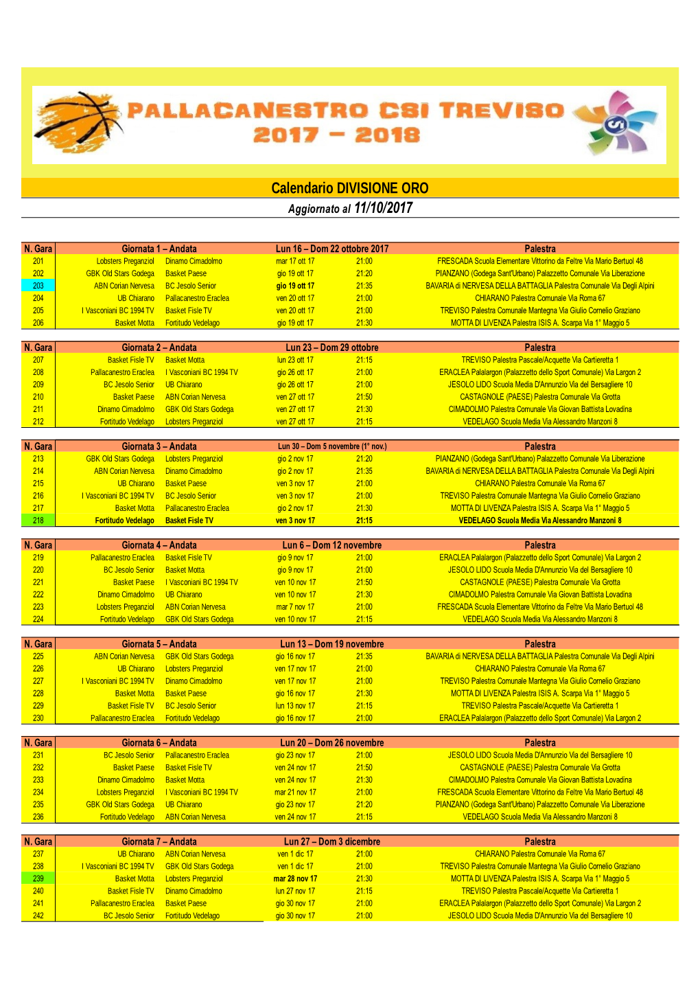 Calendario DIVISIONE ORO Aggiornato Al 11/10/2017