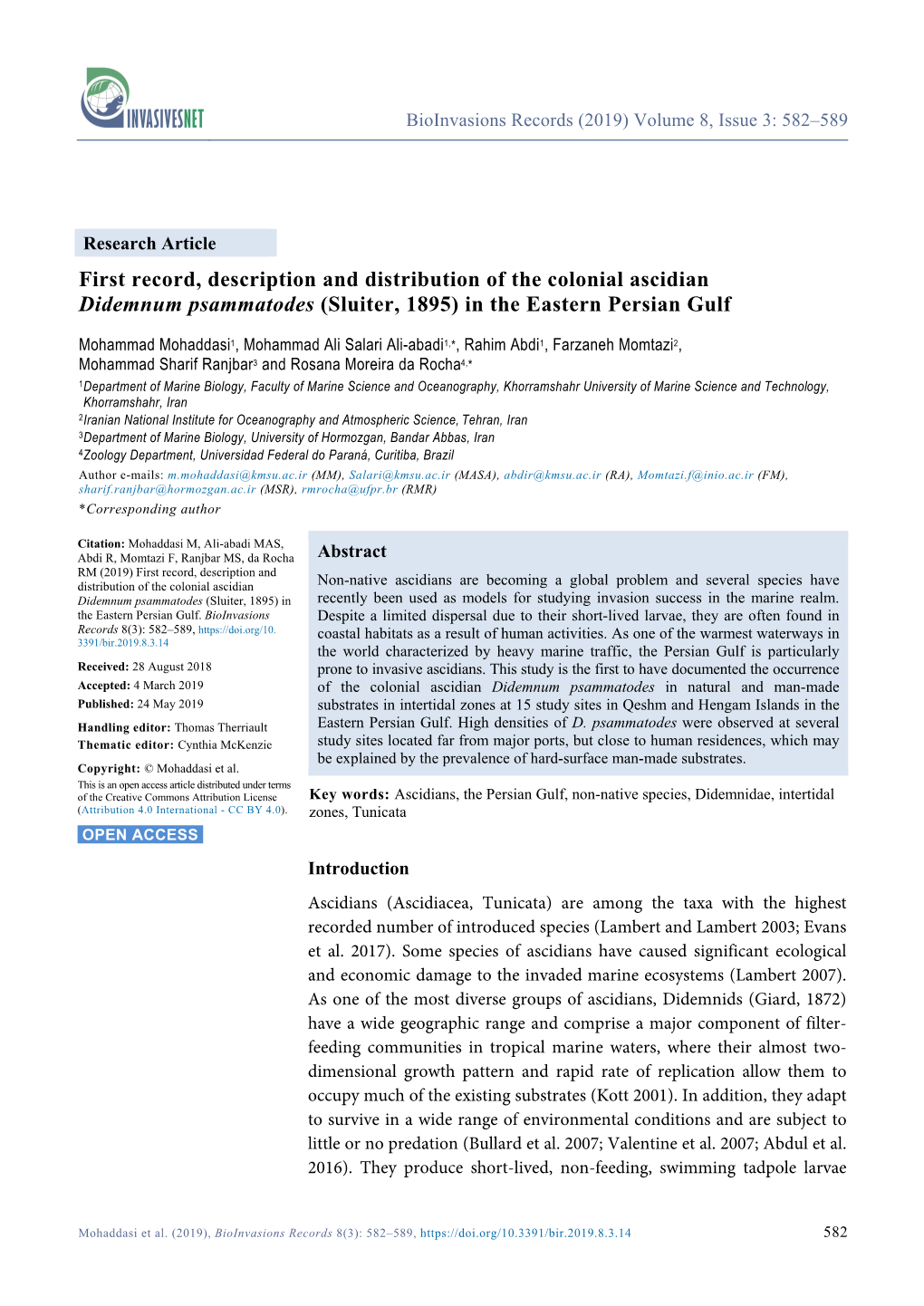 Colonial Ascidian Didemnum Psammatodes (Sluiter, 1895) in the Eastern Persian Gulf