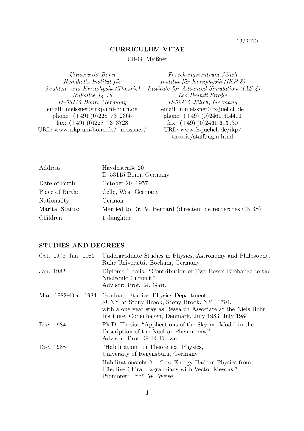 12/2010 CURRICULUM VITAE Ulf-G. Meißner Universität Bonn