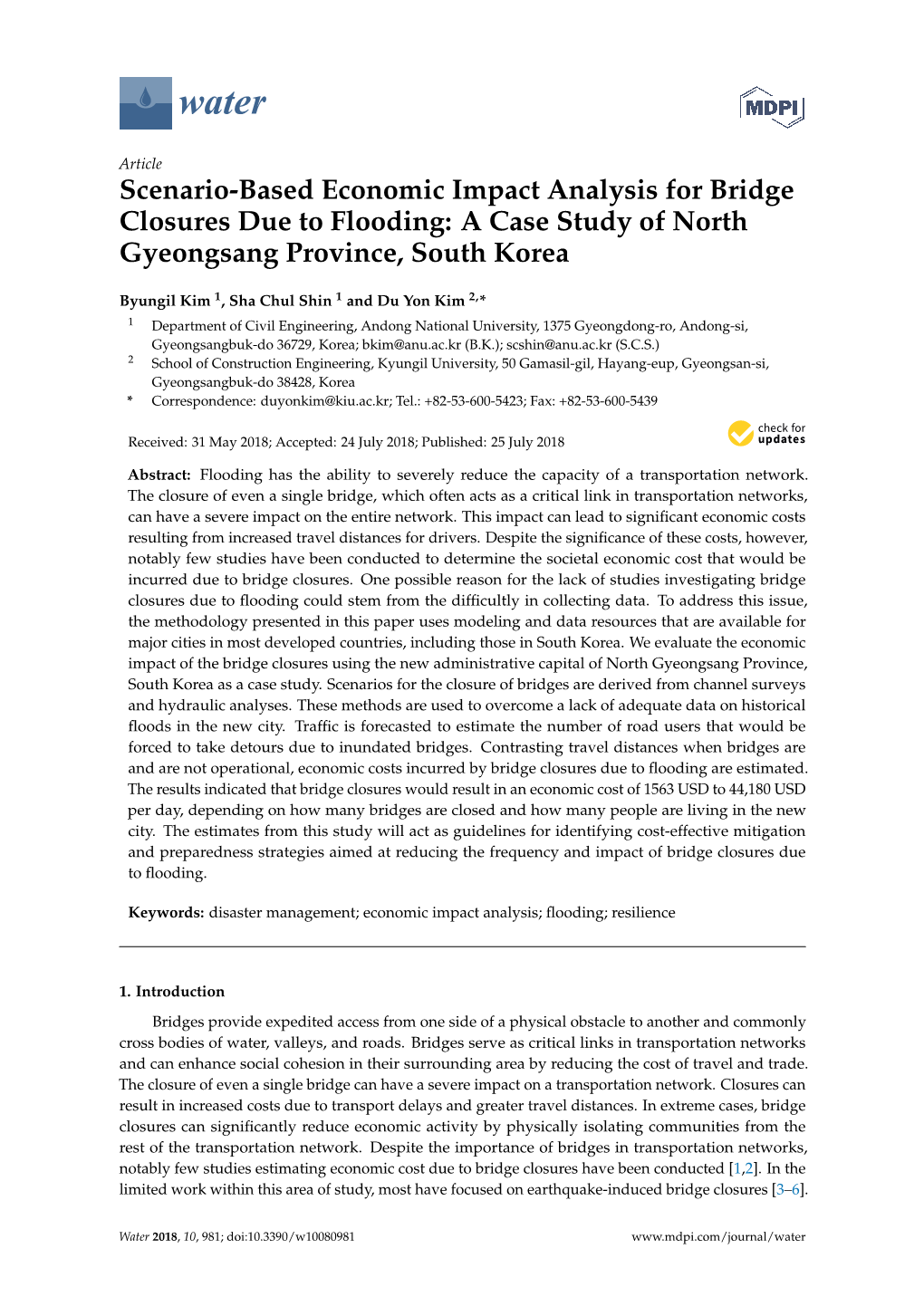 Scenario-Based Economic Impact Analysis for Bridge Closures Due to Flooding: a Case Study of North Gyeongsang Province, South Korea