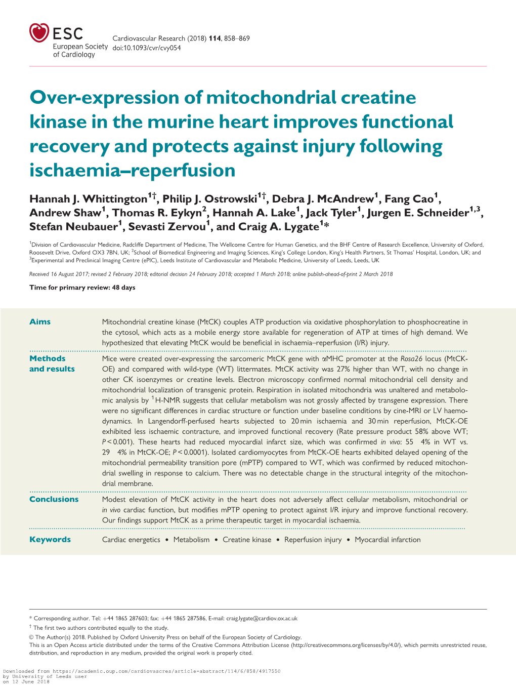 Over-Expression of Mitochondrial Creatine Kinase in the Murine Heart Improves Functional Recovery and Protects Against Injury Following Ischaemia–Reperfusion