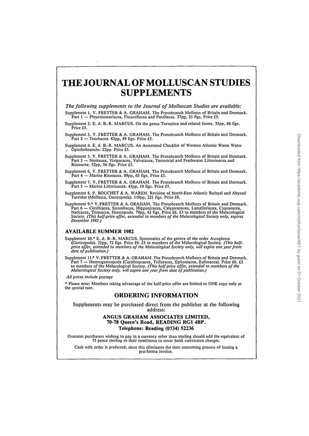 THE JOURNAL of MOLLUSCAN STUDIES SUPPLEMENTS the Following Supplements to the Journal of Molluscan Studies Are Available: Supplement 1