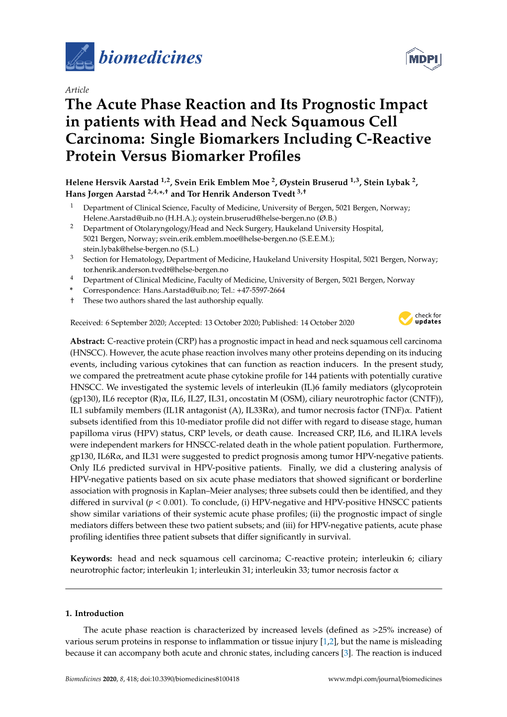 The Acute Phase Reaction and Its Prognostic Impact In