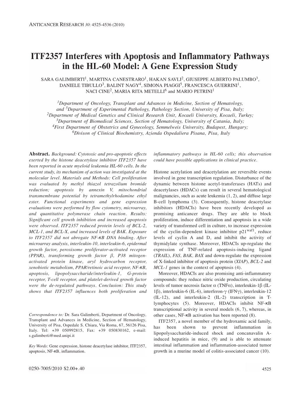 ITF2357 Interferes with Apoptosis and Inflammatory Pathways in the HL-60 Model: a Gene Expression Study