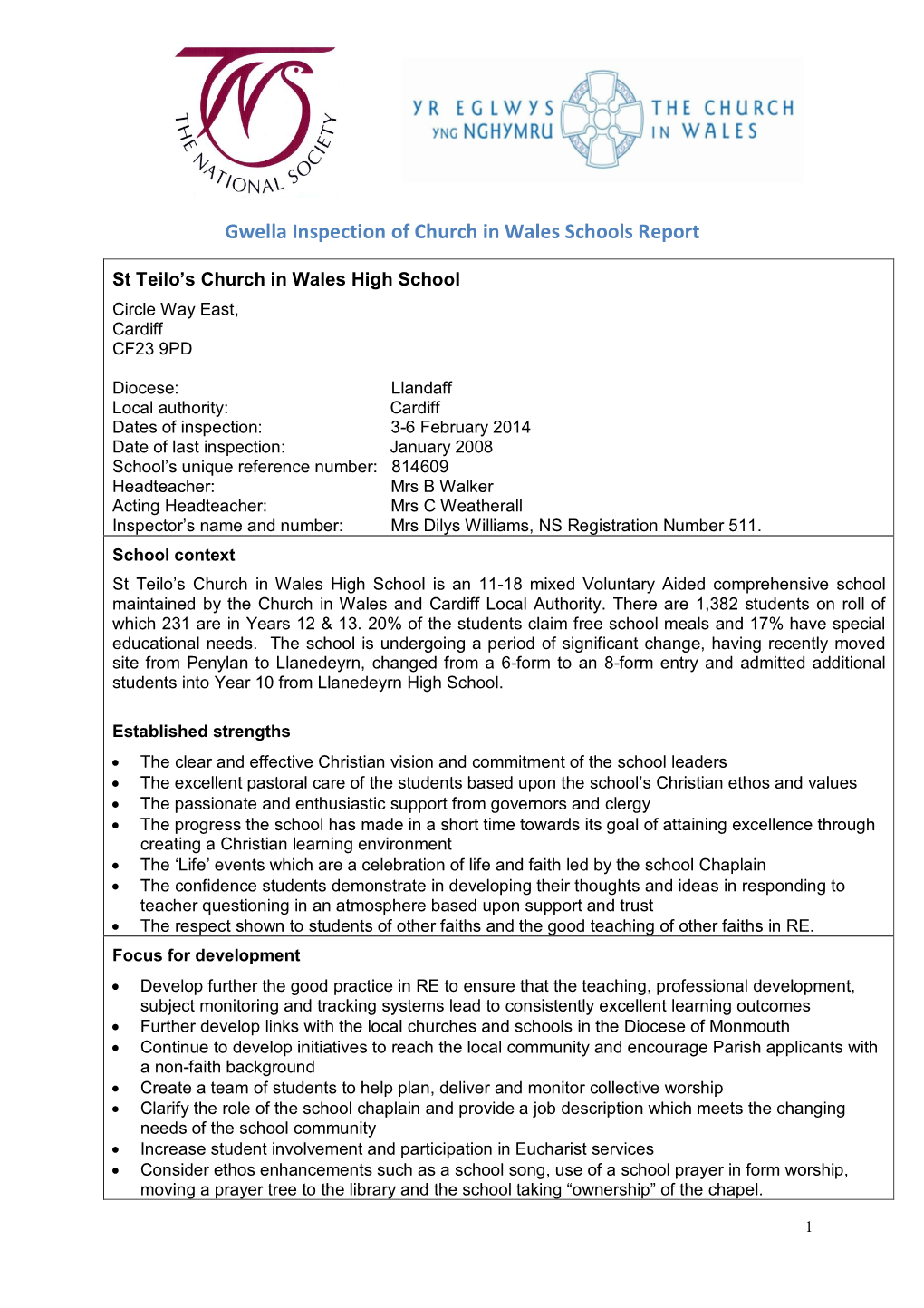 Gwella Inspection of Church in Wales Schools Report