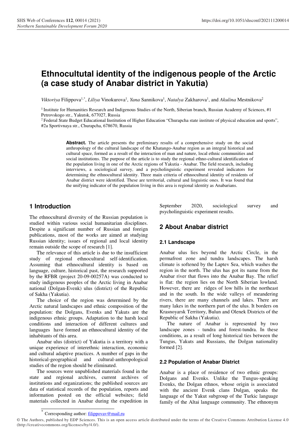 Ethnocultutal Identity of the Indigenous People of the Arctic (A Case Study of Anabar District in Yakutia)