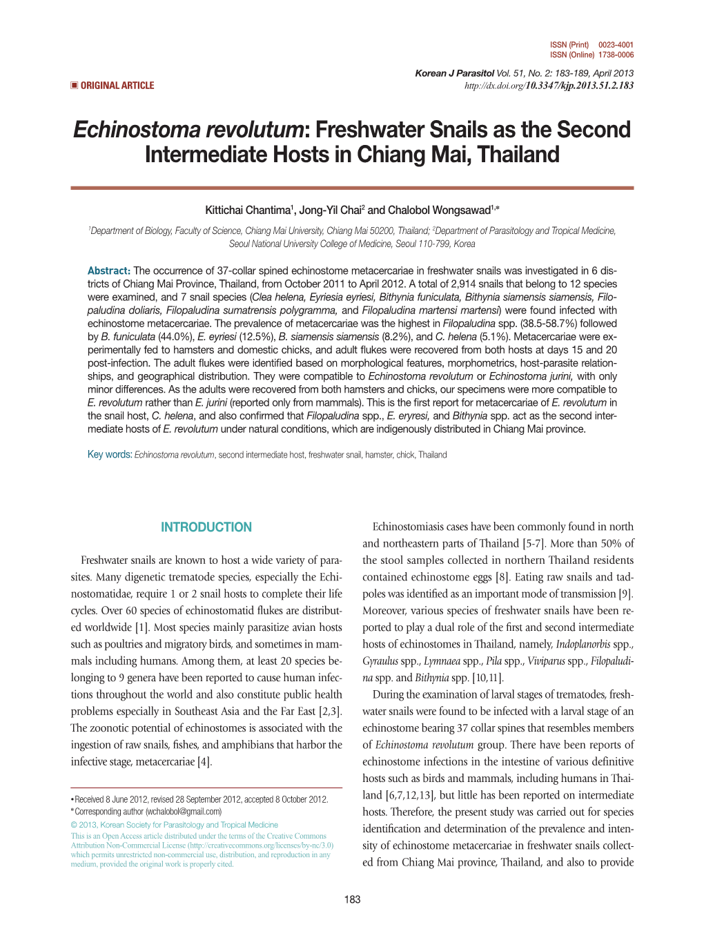 Echinostoma Revolutum: Freshwater Snails As the Second Intermediate Hosts in Chiang Mai, Thailand