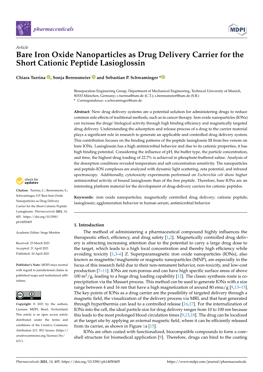 Bare Iron Oxide Nanoparticles As Drug Delivery Carrier for the Short Cationic Peptide Lasioglossin