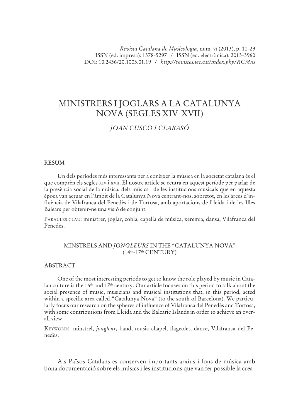 Ministrers I Joglars a La Catalunya Nova (Segles Xiv-Xvii)