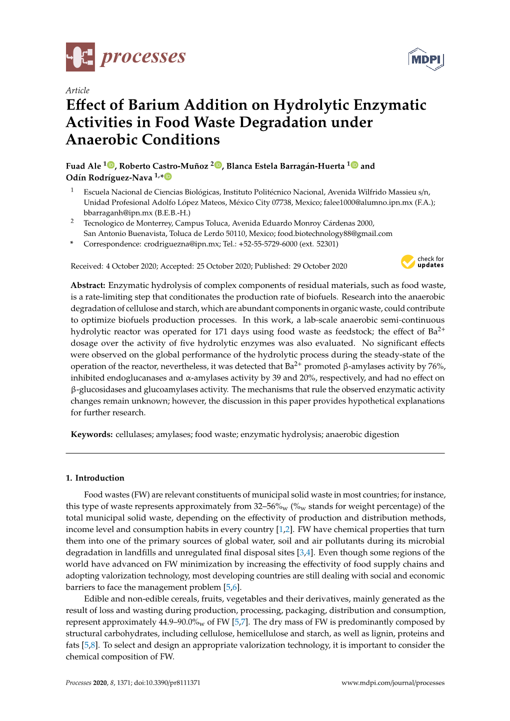 Effect of Barium Addition on Hydrolytic Enzymatic Activities in Food Waste