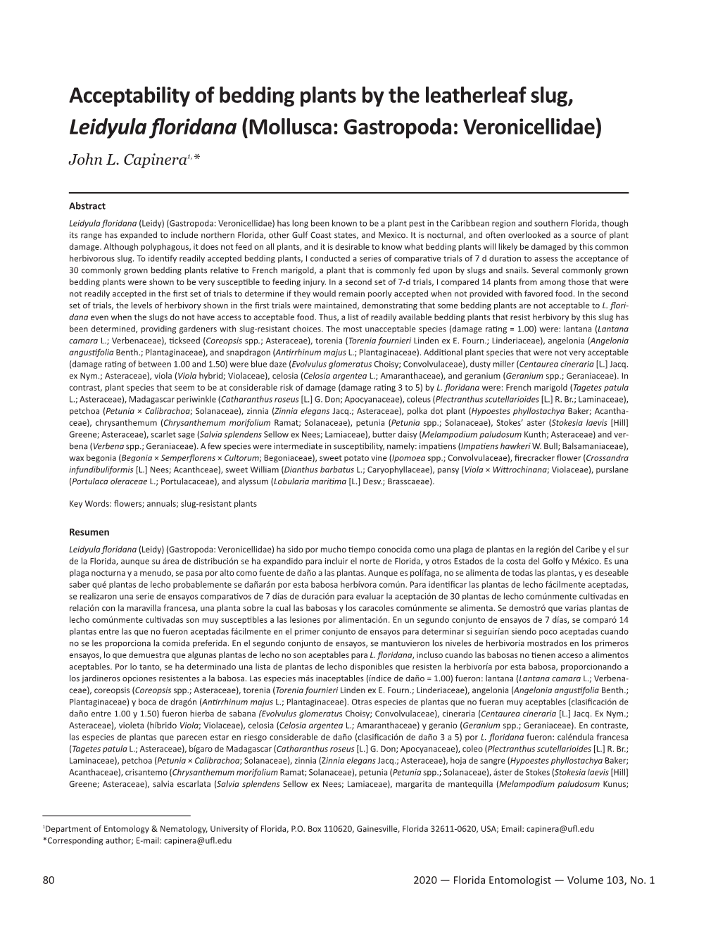 Acceptability of Bedding Plants by the Leatherleaf Slug, Leidyula Floridana (Mollusca: Gastropoda: Veronicellidae)