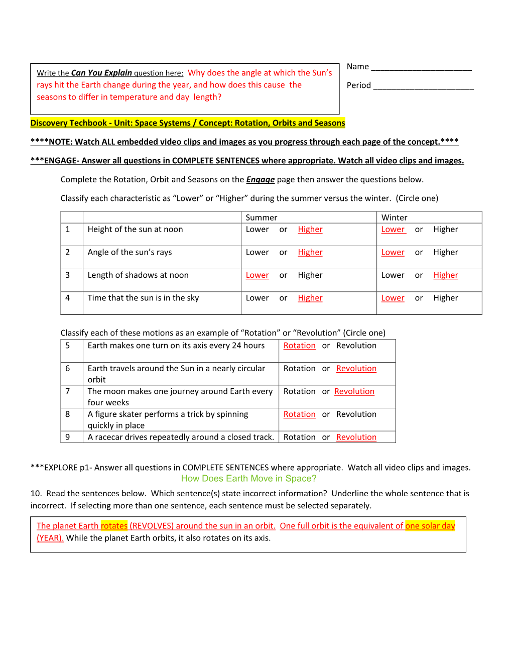 Unit: Space Systems / Concept: Rotation, Orbits and Seasons