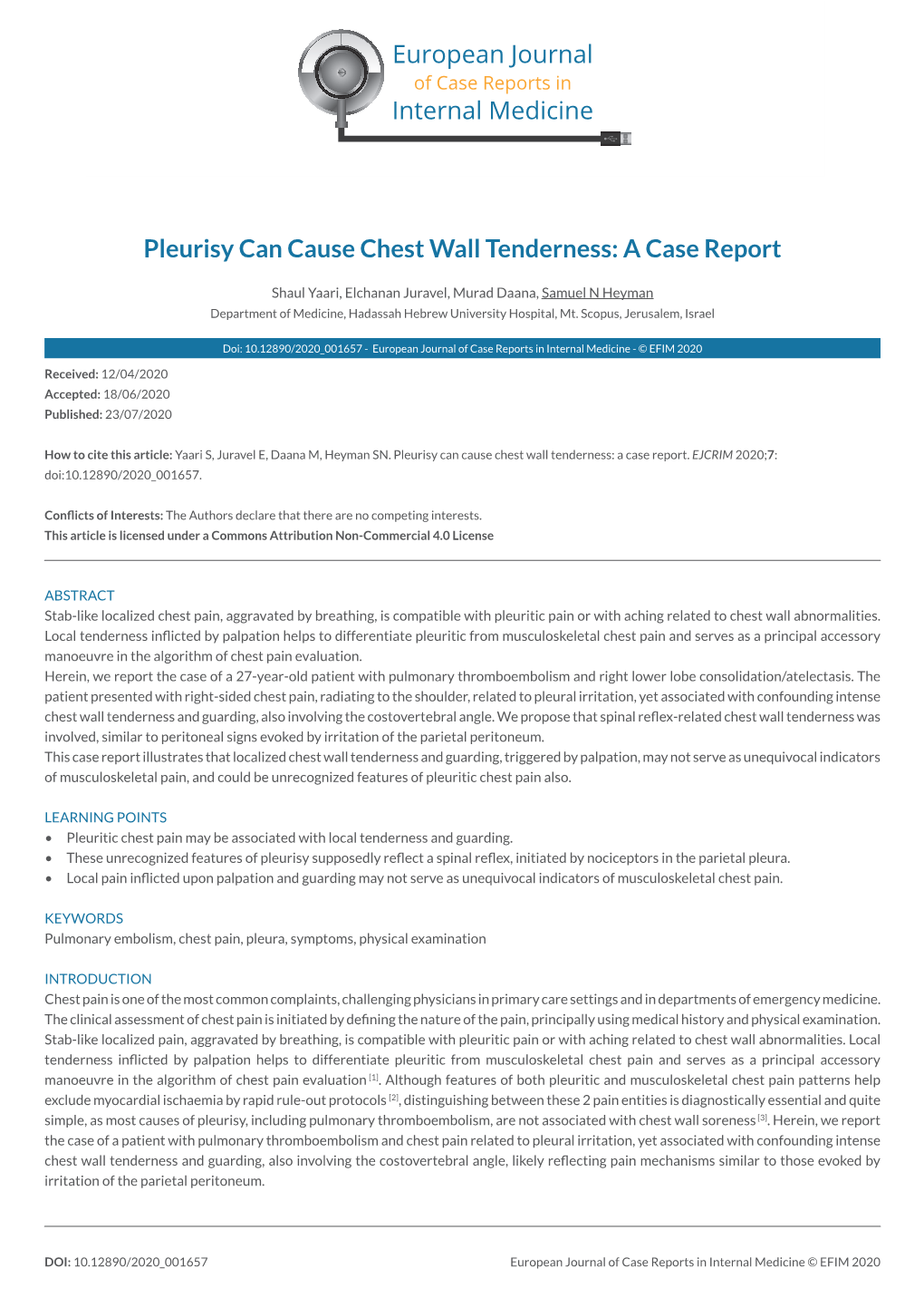 Pleurisy Can Cause Chest Wall Tenderness: a Case Report