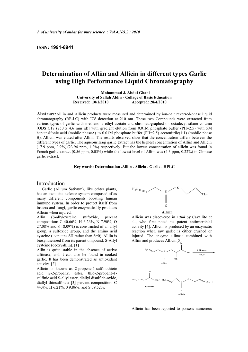 Determination of Alliin and Allicin in Different Types Garlic Using High Performance Liquid Chromatography