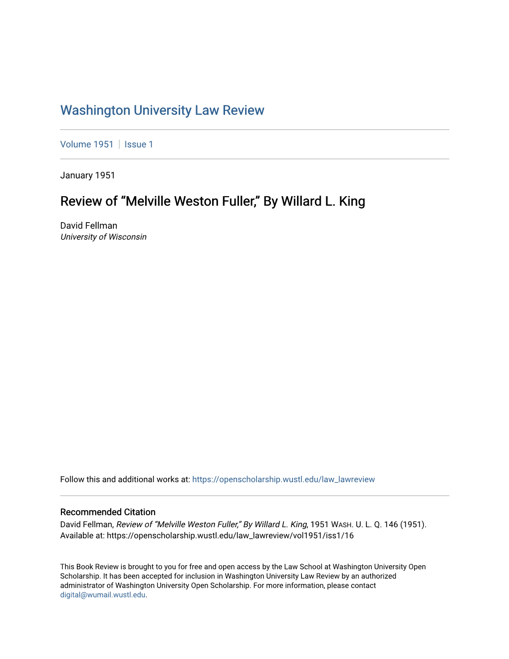 Review of Â•Œmelville Weston Fuller,Â•Š by Willard L. King