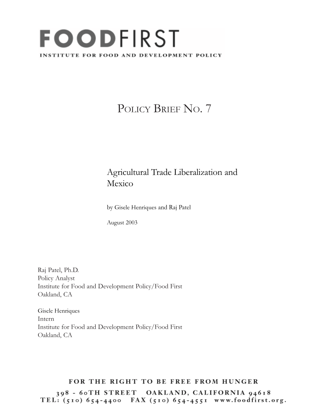 PB7 Agricultural Trade Liberalization and Mexico Patel and Henriques2003