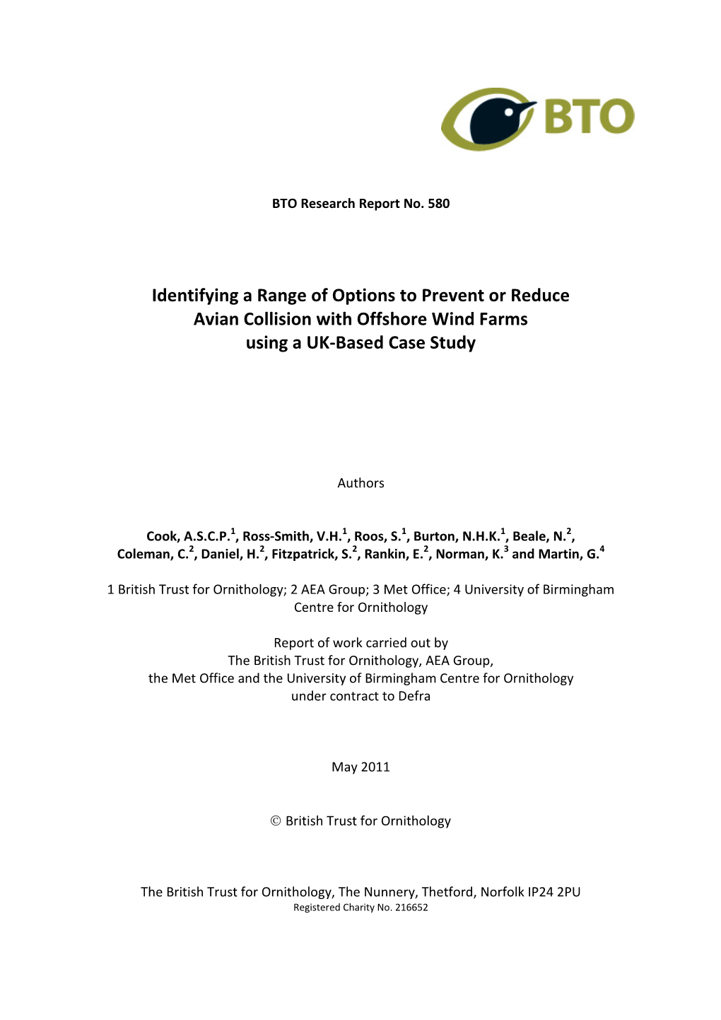 Identifying a Range of Options to Prevent Or Reduce Avian Collision with Offshore Wind Farms Using a UK-Based Case Study